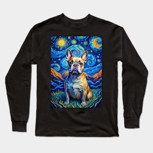 French Bulldog Dog Breed Painting in a Van Gogh Starry Night Art Style Long Sleeve T-Shirt